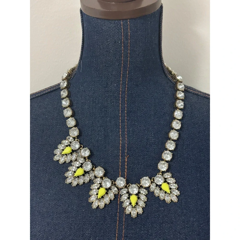 J Crew Statement Necklace Neon Yellow Clear Crystal Rhinestone Gold Tone Floral